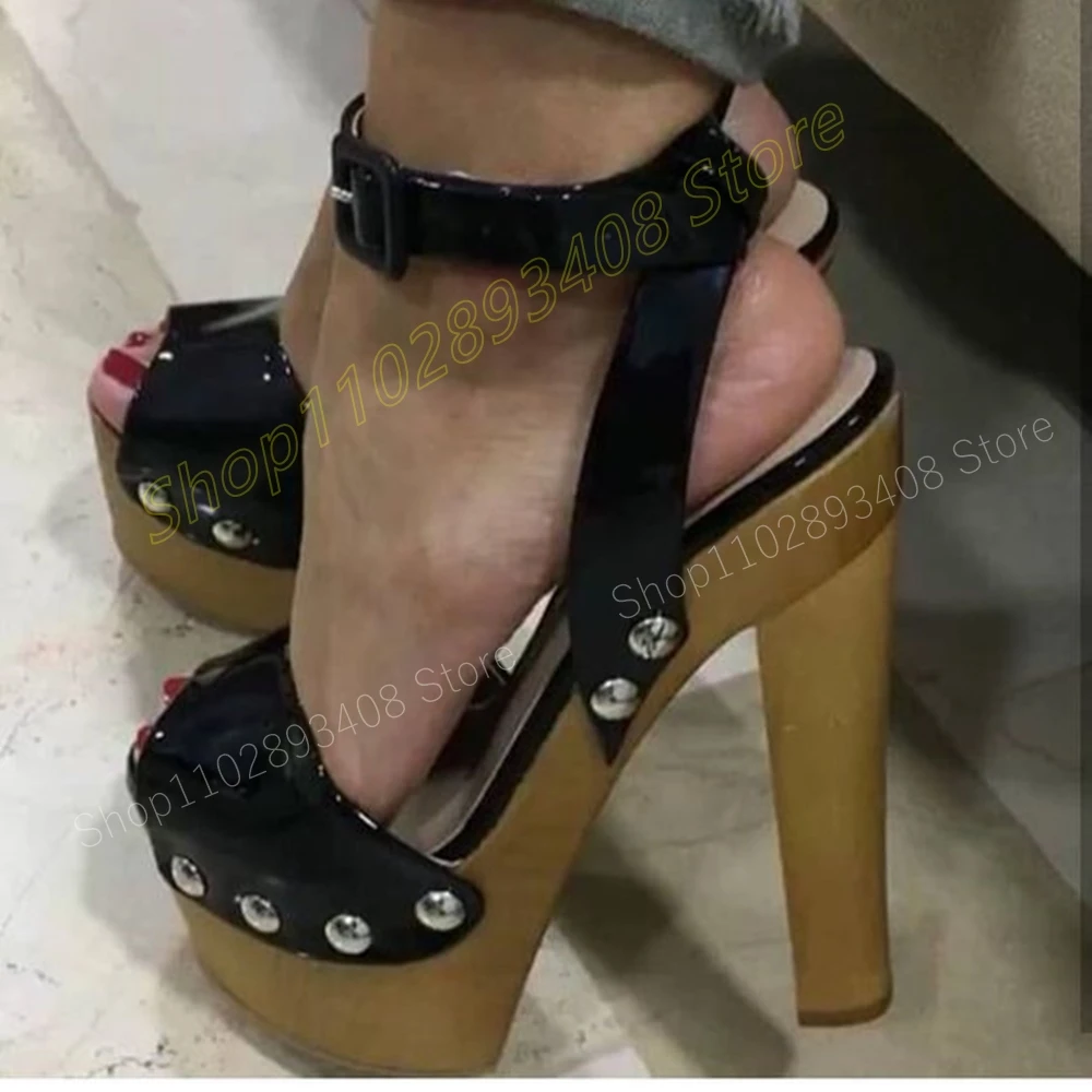 

Elegant Woodern Pattern Round Rivets Sandals Sexy Peep Toe Patent Leather Chunky High Heel Women Shoes 2024 Zapatos Para Mujere