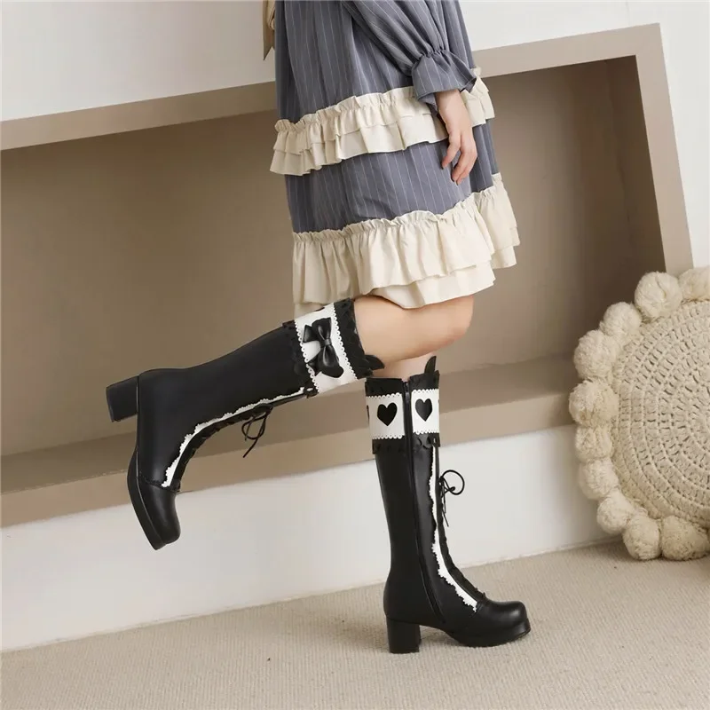 

YQBTDL 2025 милые зимние черные розовые сапоги до колена в стиле Лолиты для косплея для женщин, длинная женская обувь принцессы Bota для вечеринок, большие размеры