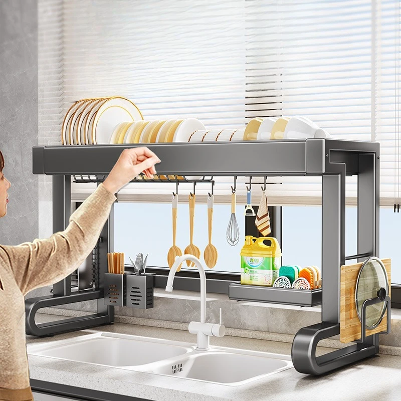 

‌Expandable Kitchen Sink Dish Drying Rack, Adjustable Height 2-Tier Utensil Shelf Countertop Water Filter Storage Organizer