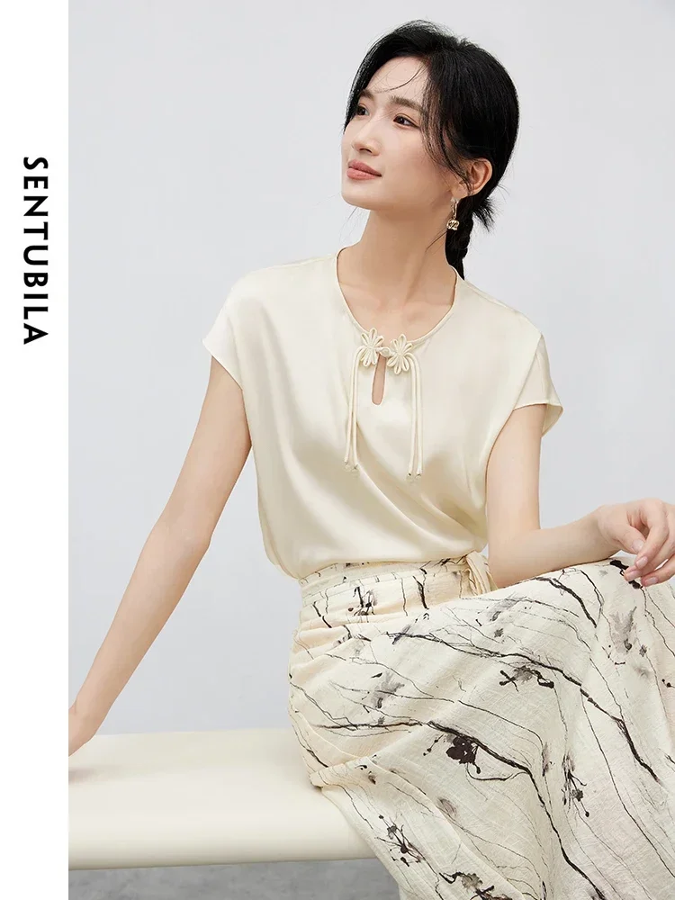 

SENTUBILA Chinese Style Chiffon Blouses Woman 2025 Elegant Short Sleeve Round Neck Tops Womens Commute Summer Blouse 142V55420