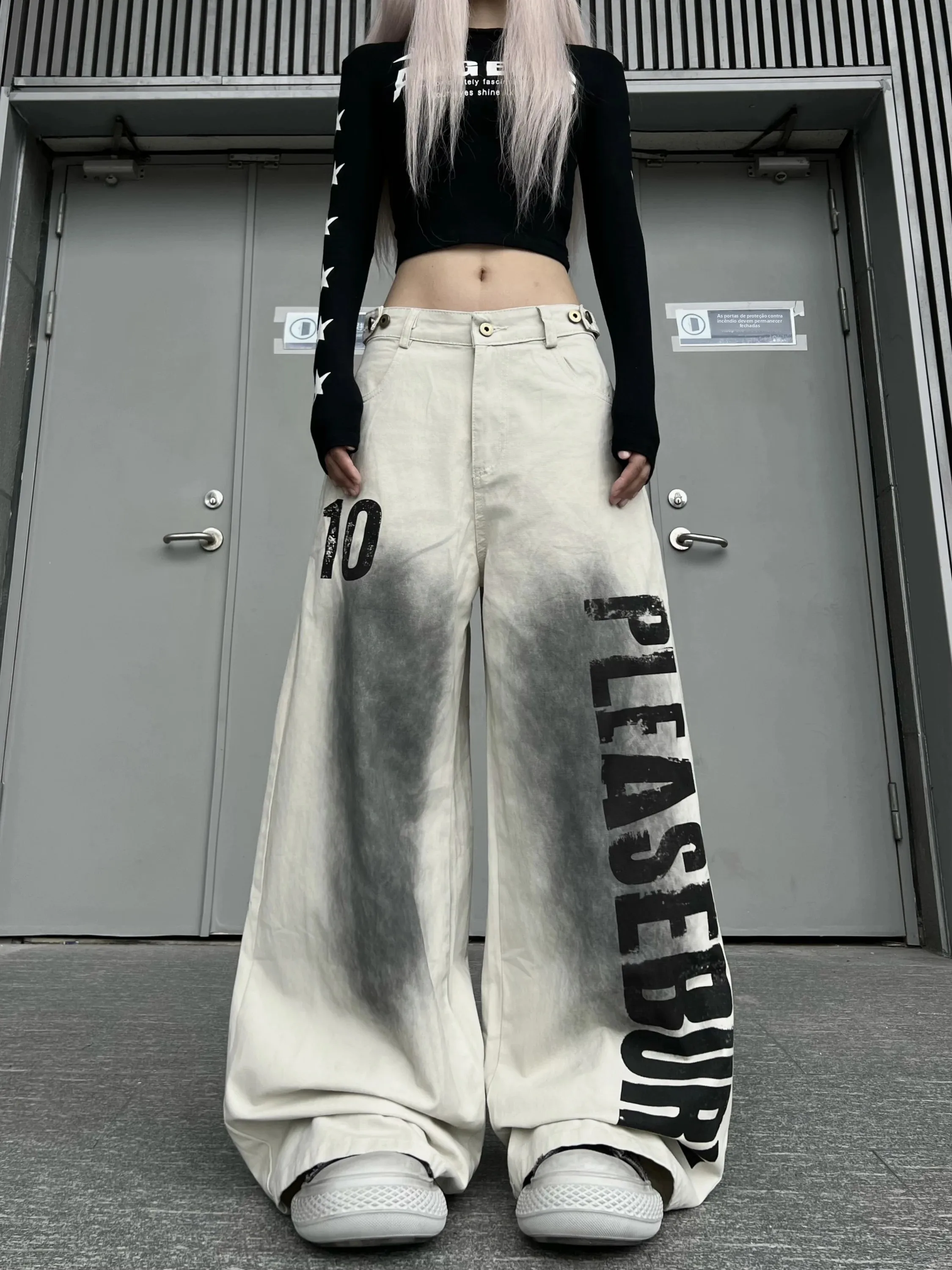 Calças Jeans Lavadas Estilo Street com Estampa, Corte Solto e Perna Larga, Calças Retas Unissex Casuais Longas para Homens e ...