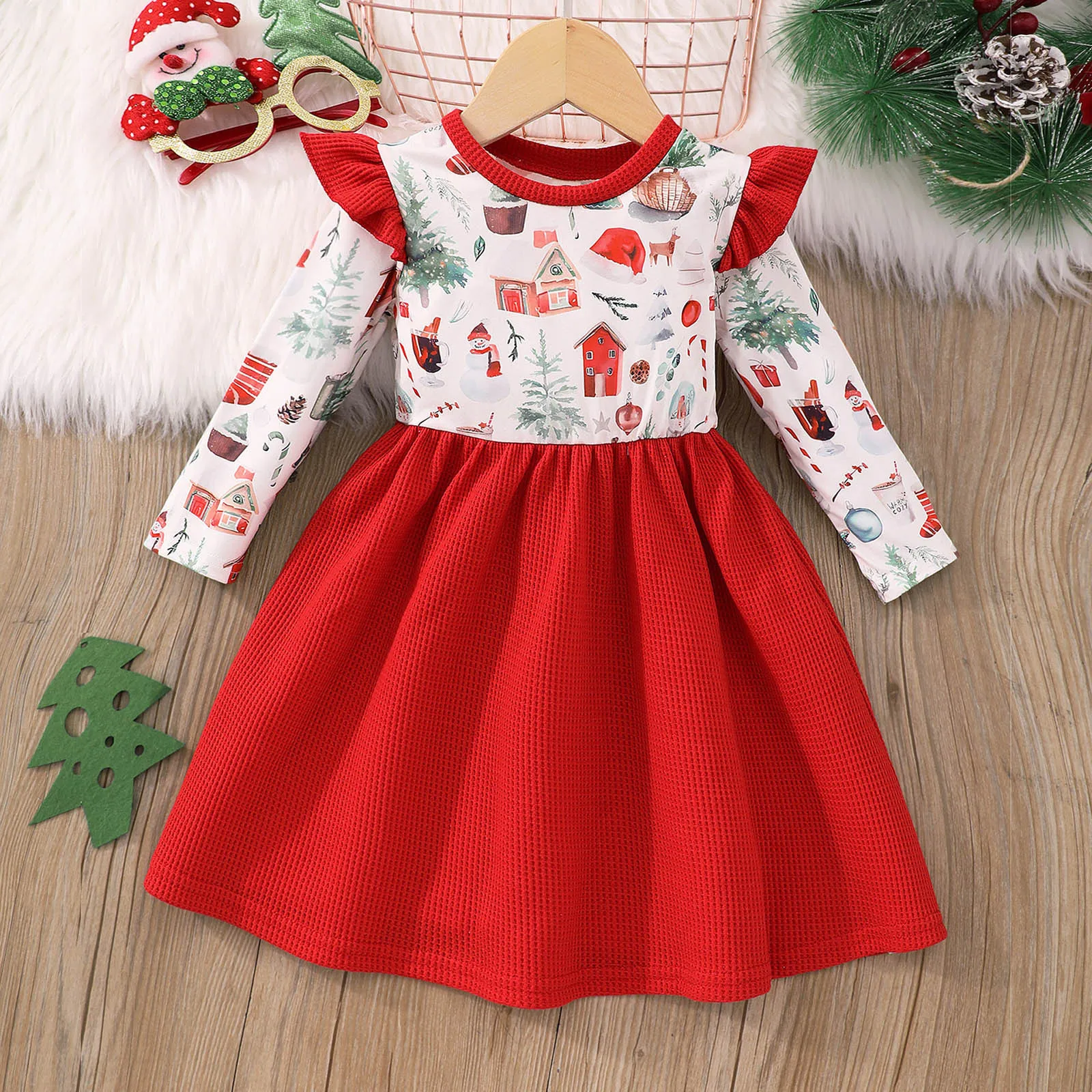 Christening Dress For Toddler Girls Kids Clothes X-mas Pattern Print Patchwork Dress Spring Long Sleeve Party Dresses 1-5 Years