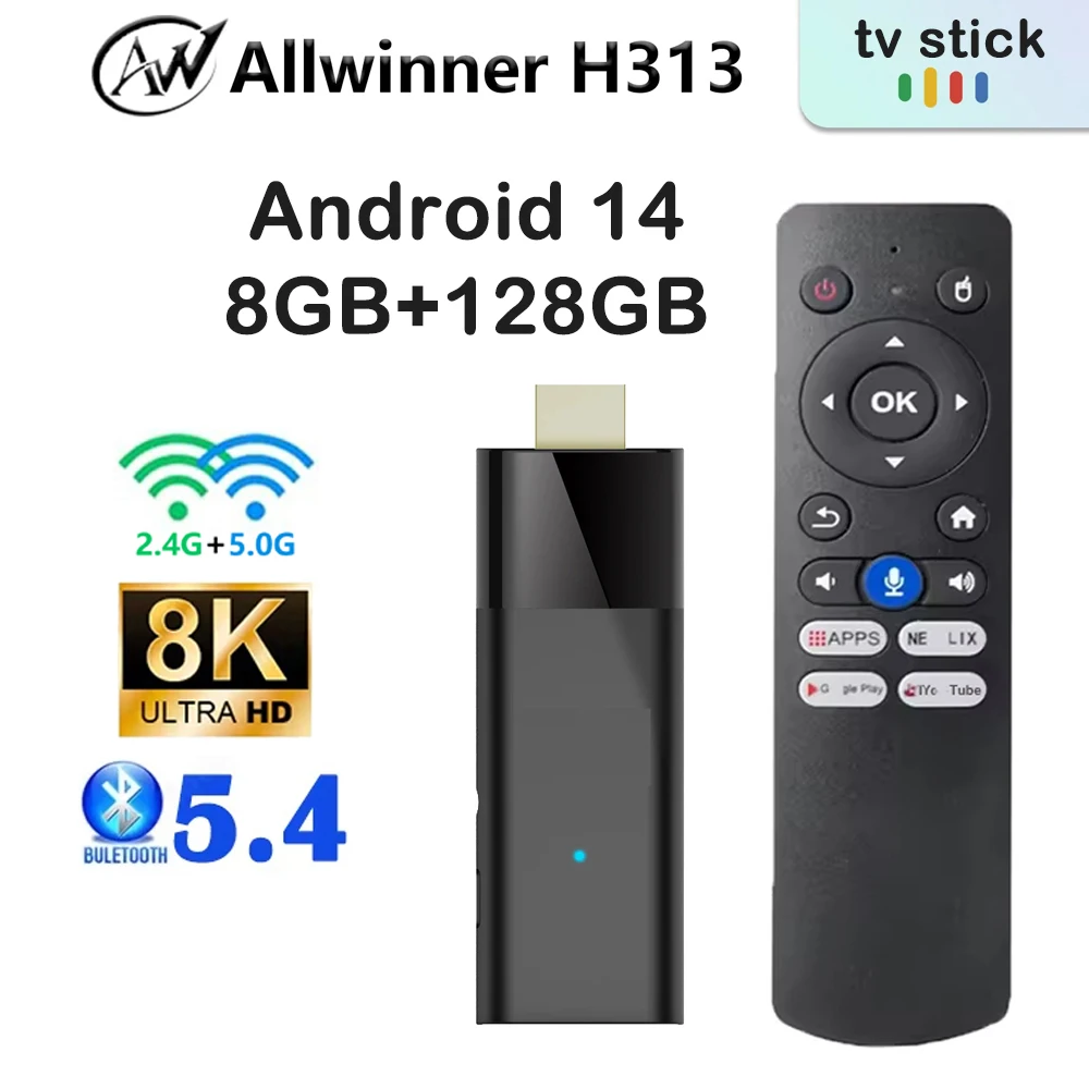 Q12 Ultra HD 8K Android TV H313 رباعي النواة 2.4/5G Dual Wifi Bluetooth 5.4 8GB RAM 128GB ROM صوت عن بعد Android 14.0 TV Stick Box