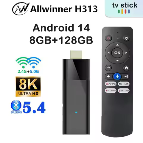 Q12 Ultra HD 8K Android TV H313 Quad Core 2.4/5G Dual Wifi Bluetooth 5.4 8GB RAM 128GB ROM Voice Remote Adroid 14.0 TV Stick Box