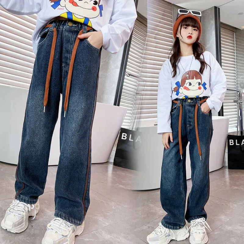 

teen Girls Winter Jeans Fleece Thick Warm Loose Wide Leg Pants Children Casual All-match Fashion Teenage School Kids Trousers