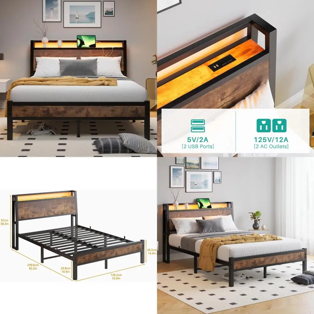 Full Size Bed Frame with Ergonomic Headboard, Metal Full Bed Frame with Charging Station & LED Lights Double Bed Frame with Stor