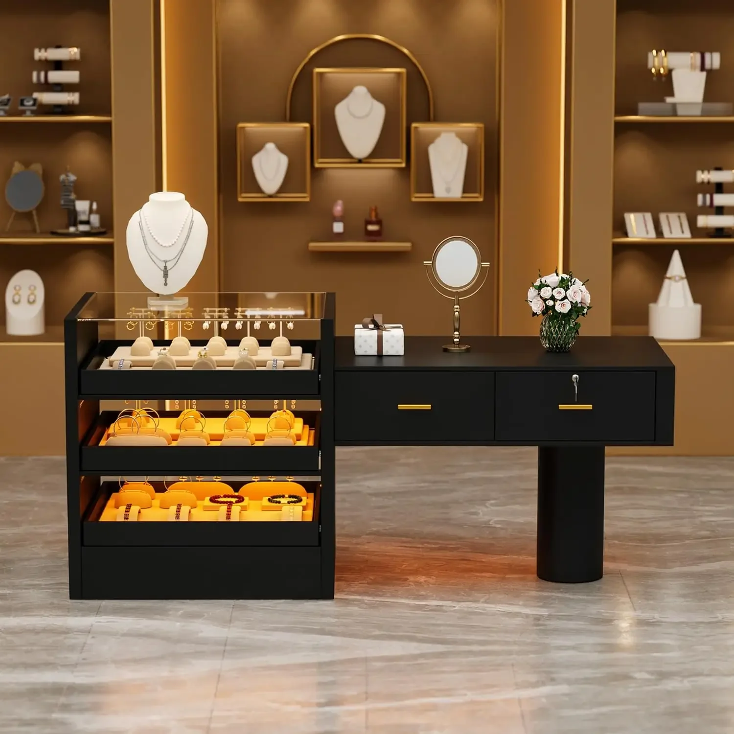Modern Reception Desk Checkout Counter with LED Light Strips, Glass Display Showcase & Drawers, Retail Desk Jewelry Watch Displa