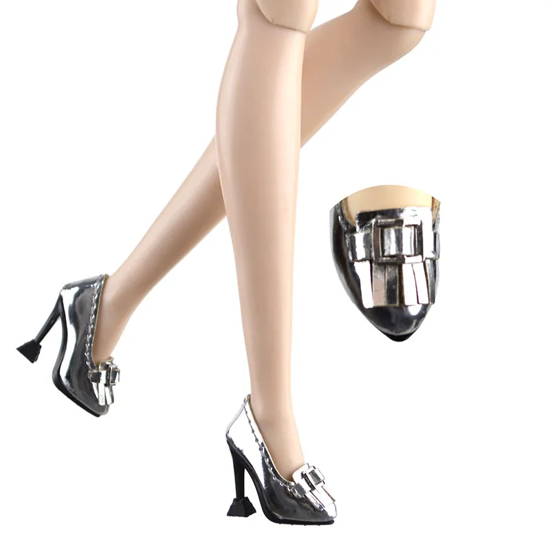1/6 Doll Shoes Accessories Silver Tassel Buckle Flared Heel Pumps Glitter Bow‑Buckle Stiletto Heel Pumps For FR Babi Supermodel