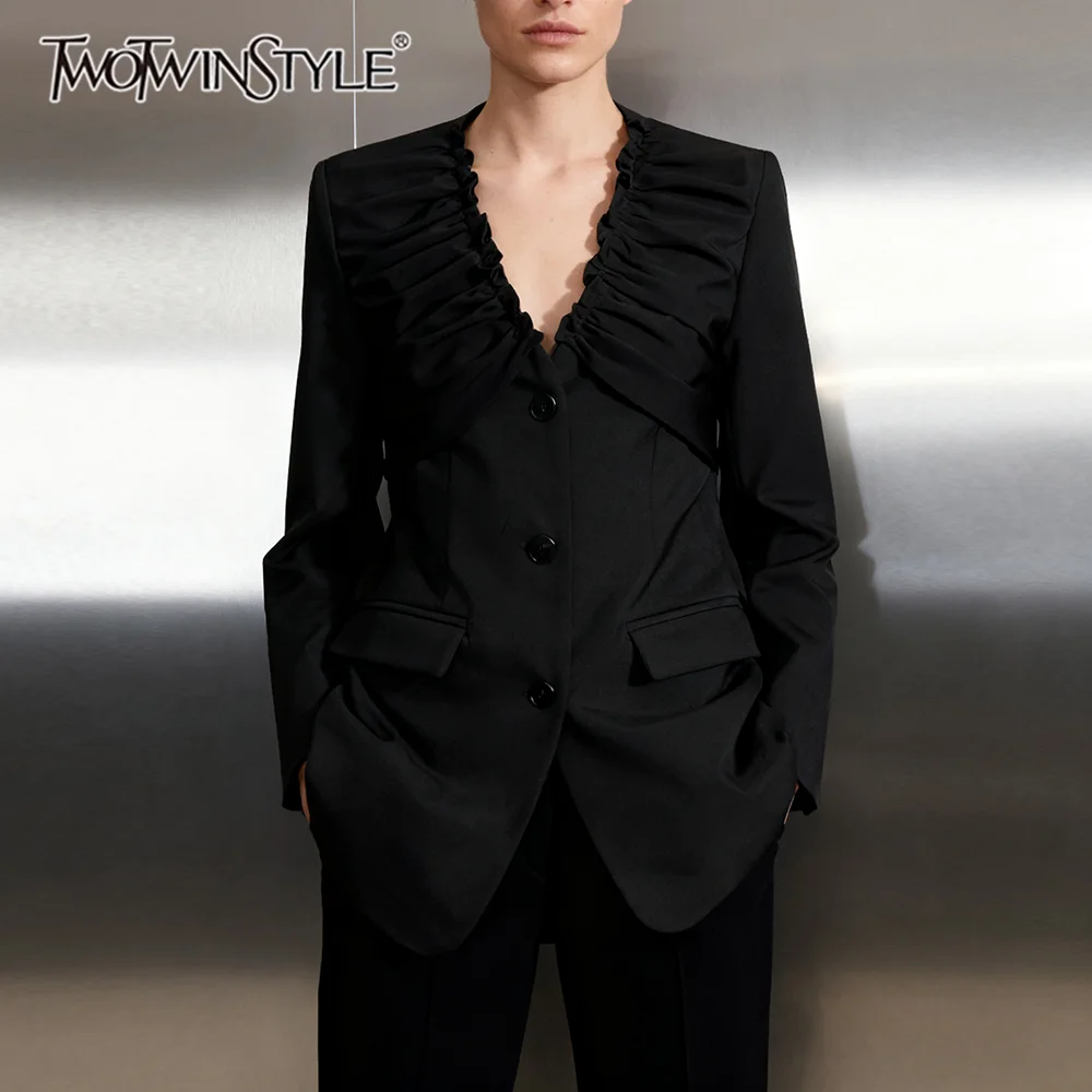 

TWOTWINSTYLE Solid Spliced Shirring Fashion Blazers for Women V Neck Long Sleeves Tunic Patchwork Single Breasted Blazer Female
