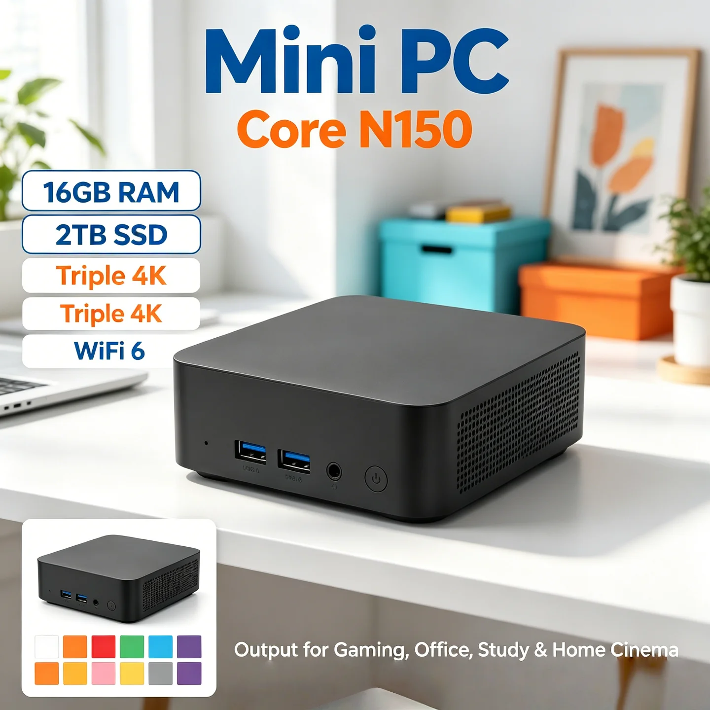16gbメモリ、1tb-2tb-ssd搭載のミニpc。intel-core-n150プロセッサー、wi-fi-6対応。オフィスや学習、ホームシアターに最適な、トリプル4k出力に対応したコンパクトなデスクトップコンピューター。