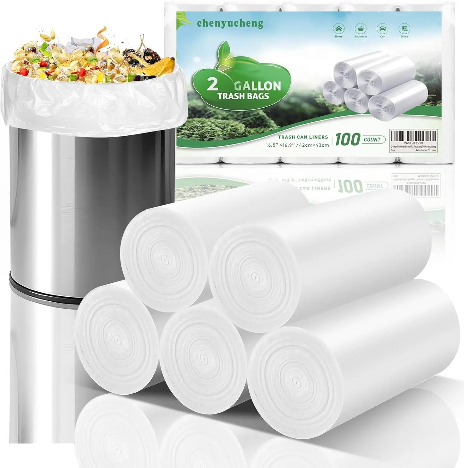 

2 Gallon Biodegradable Mini Trash Bags - White Compostable Small Garbage Bags for Bathroom Kitchen Office Car, Unscented, 100 Count, Strong Thick Liners