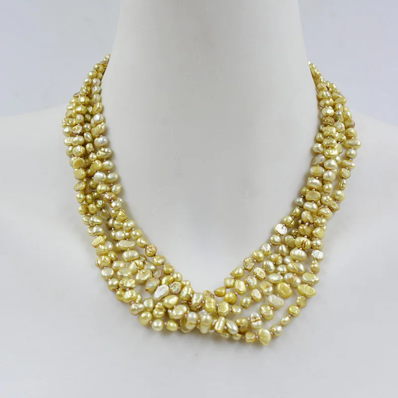 

5 strands 4MM AAA natural champagne Baroque pearl necklace. Exquisite Women's Party Wedding Jewelry 17”