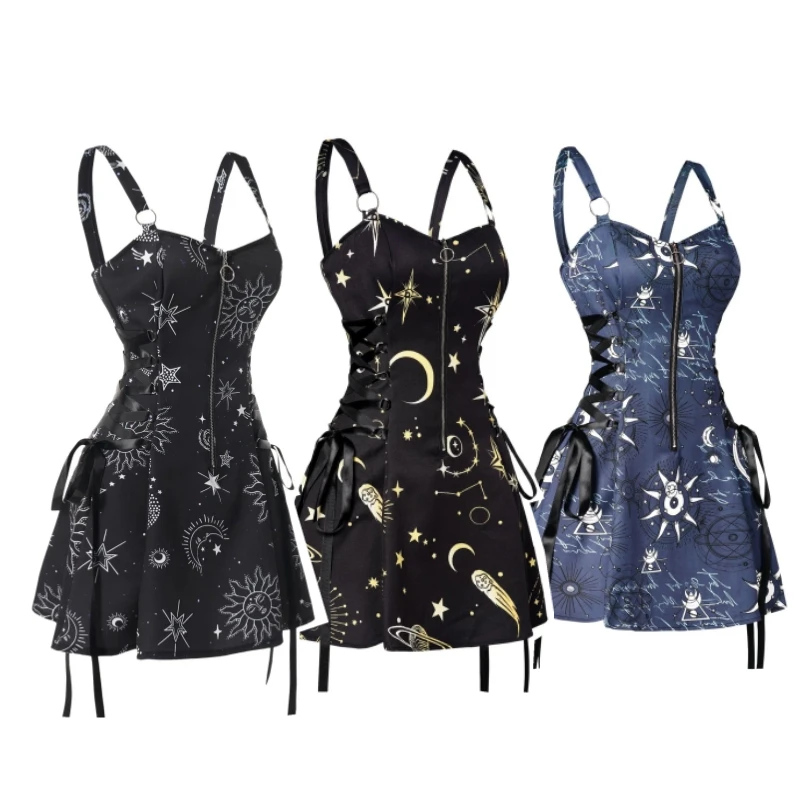 2023 Little Fresh Starry Sky Printed Hanging Strap Dress Vital Girl Playful A-Line Ribbon Waist Wrap Dress Cute YK2 Dress