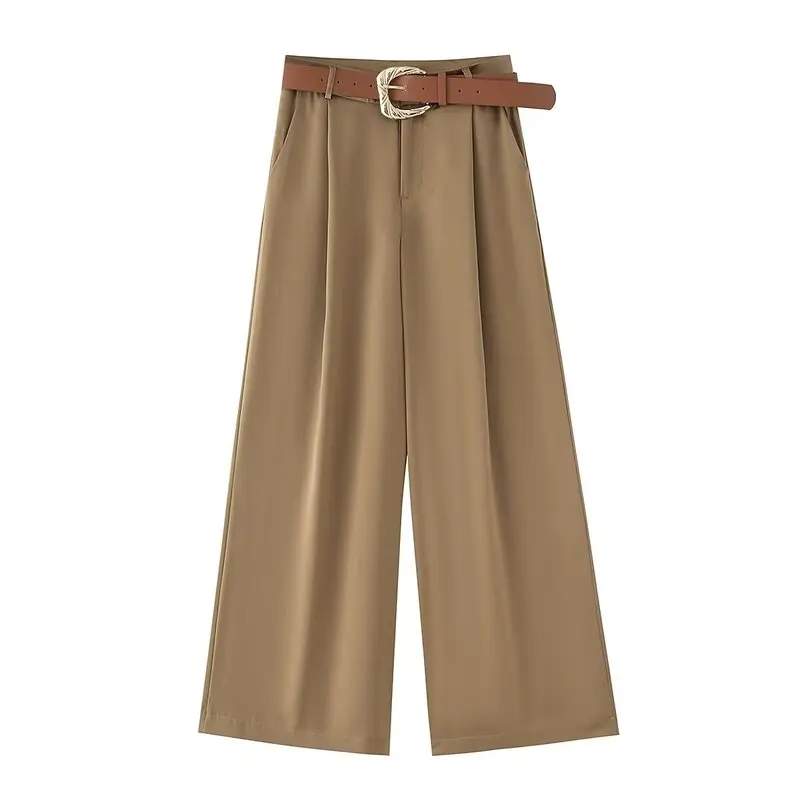 Spring 2025 Women's Silk Satin Wide Leg Casual Trousers with Belt High Waist Long Pants Commute Sle New Arrival