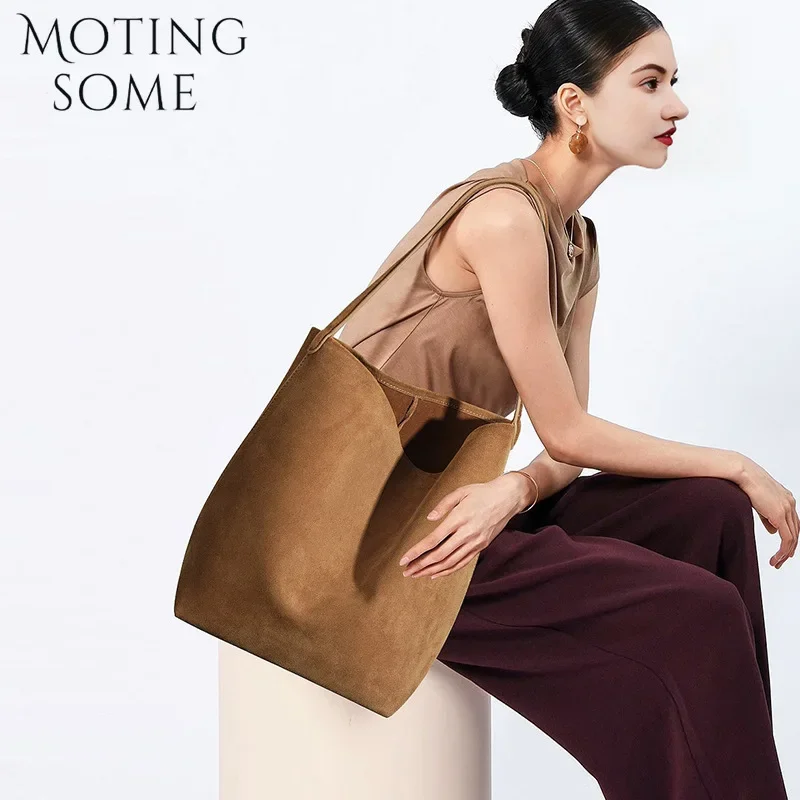 Motingsome Minimalism Bucket Bag Suede Leather Large capacity Matte Handbag Luxury Spilt Leather Shoulder Causal Tote 2024 New