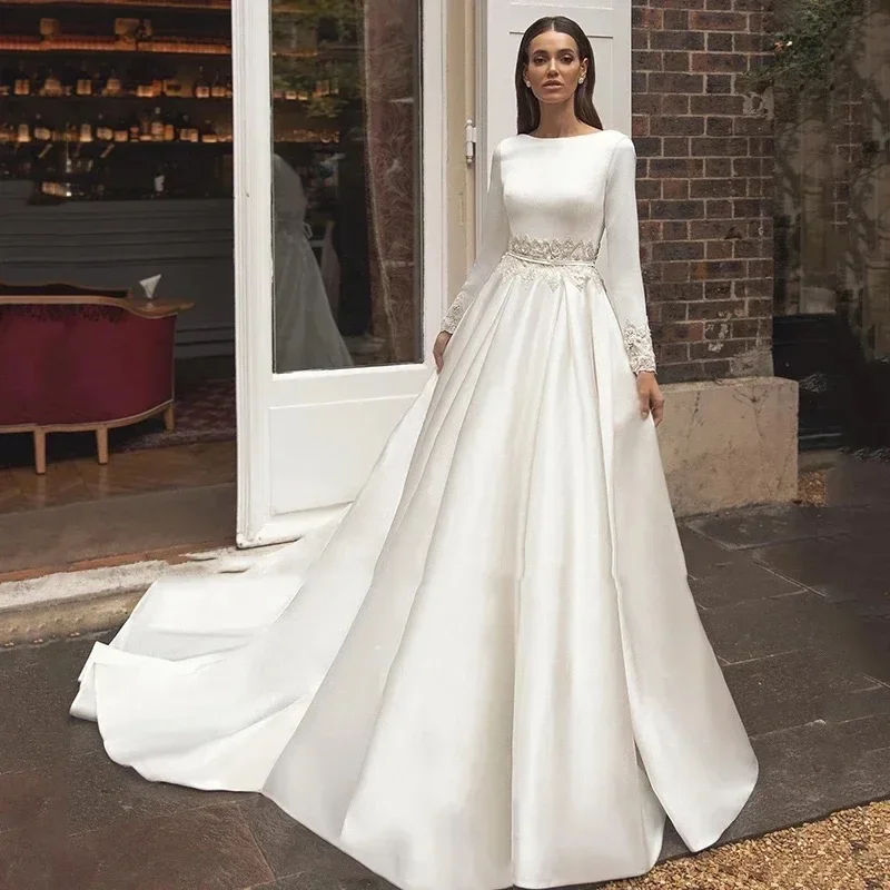 

Elegant Appliques Long Sleeves Satin Wedding Dress A-Line Floor Length Belt Bridal Dress Simple Open Back Zipper Wedding Gowns