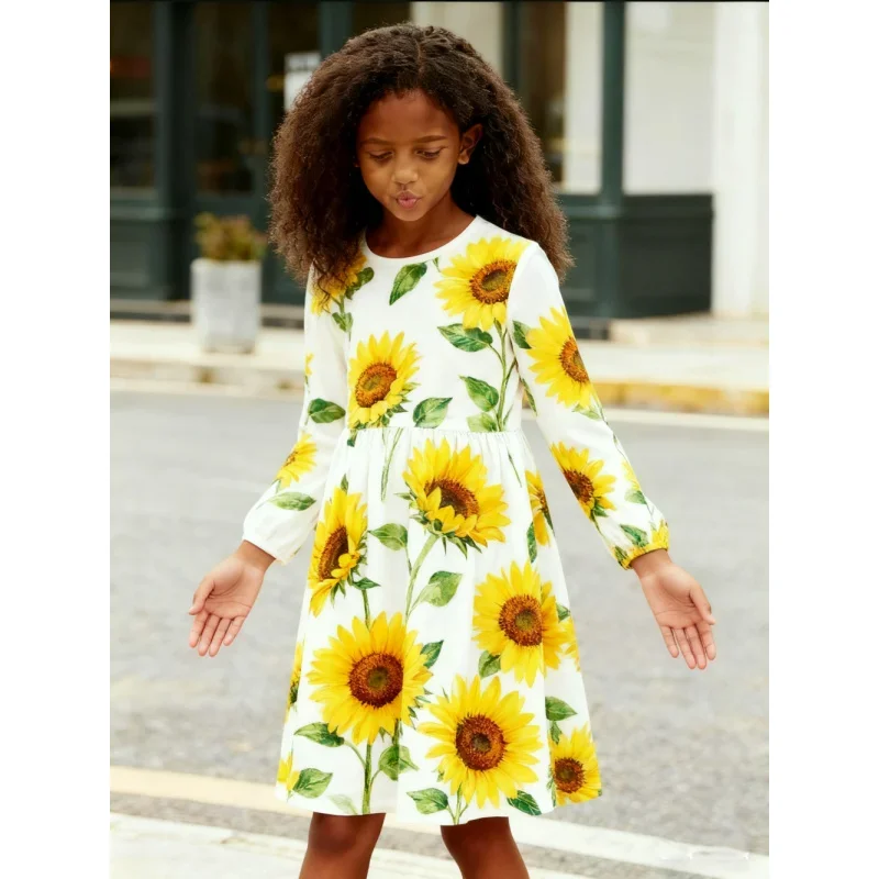 2025 Kid's Clothing Vibrant Sunflower Print Long-sleeved Mid-length Dress, Perfect for Autumn and Winter Parties and Daily Wear