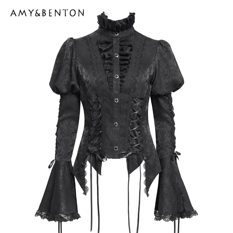 

Gothic Black Dark Pattern Waist-Cinching Flared Sleeve Women's Shirt Autumn New Design Lace Hollow Out Solicing Shirts Ladies