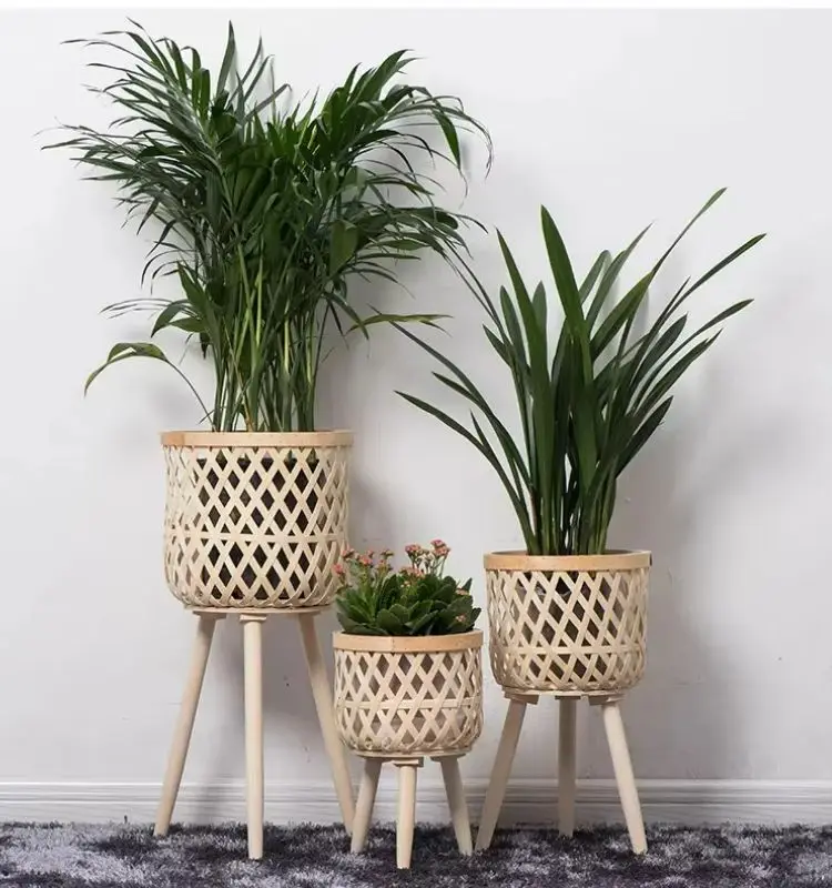 Nordic style rattan flower pot indoor balcony living room plant green flowers hand-woven wooden tall floor flower stand