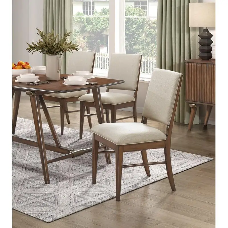 테이블과 6개의 덮개를 씌운 의자가 포함된 현대적인 7피스 다이닝 세트, 갈색 마감의 목재 주방 가구