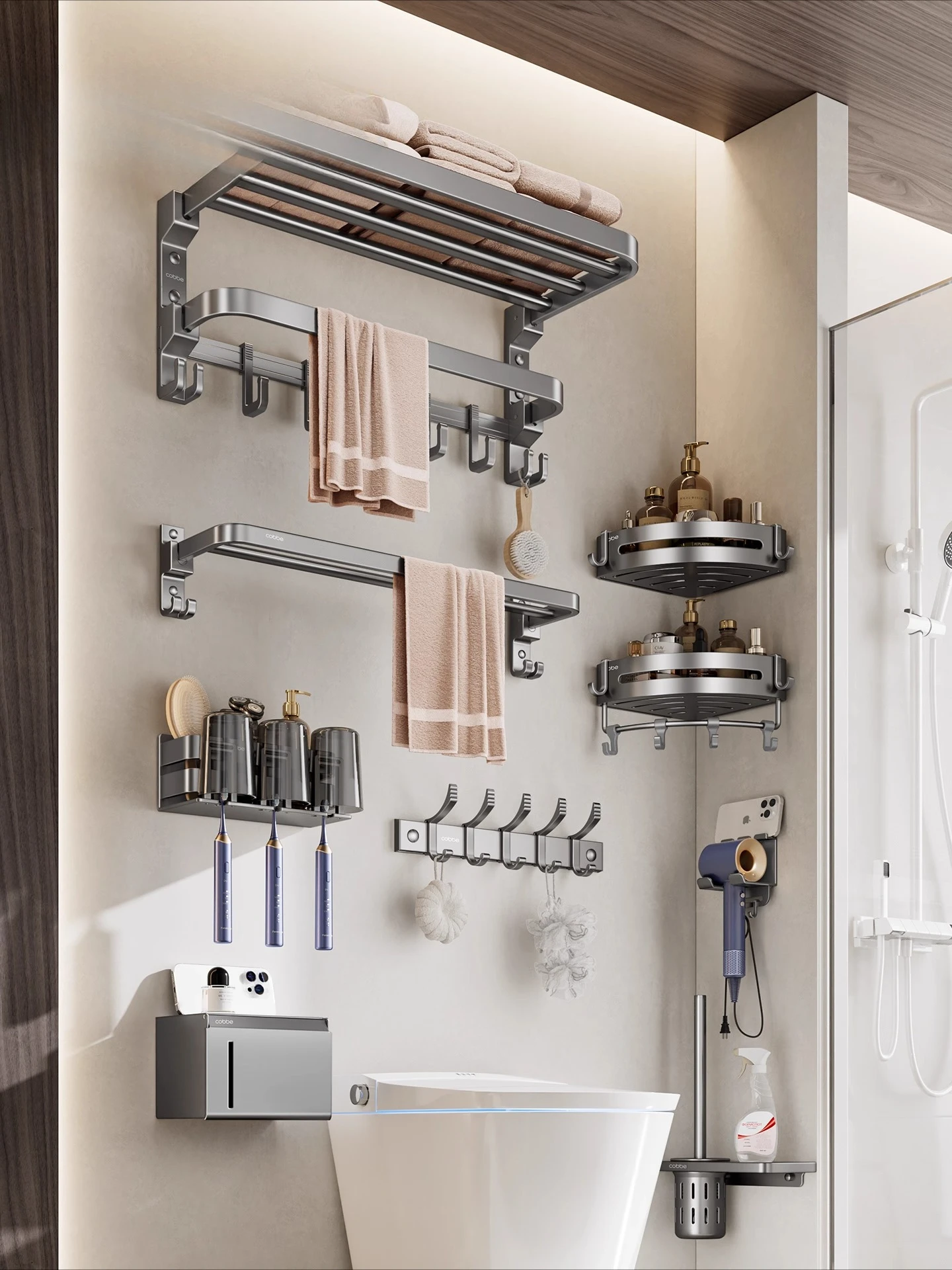 

Gun ash punch-free toilet bathroom storage rack toilet towel rack integrated space aluminum rack