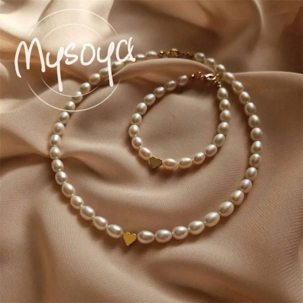 

MYSOYA White Rice-shaped Freshwater Pearl Bracelet & Necklace Set 7-8mm Pearls Gift Box Birthday/Wedding Gift Anniversary Gift