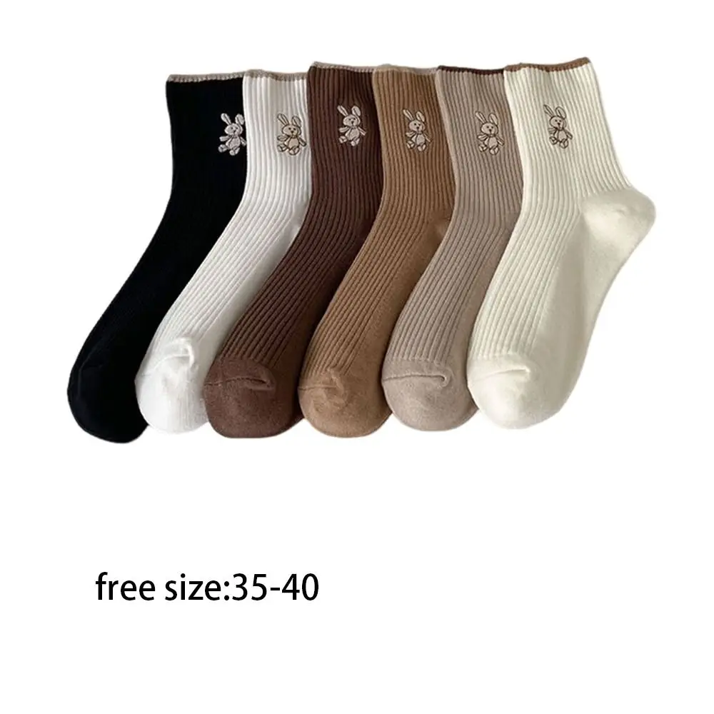 Chaussettes en coton à motif de lapin pour femmes, absorbant la sueur, respirant, confortable, décontracté, tube moyen, mignon