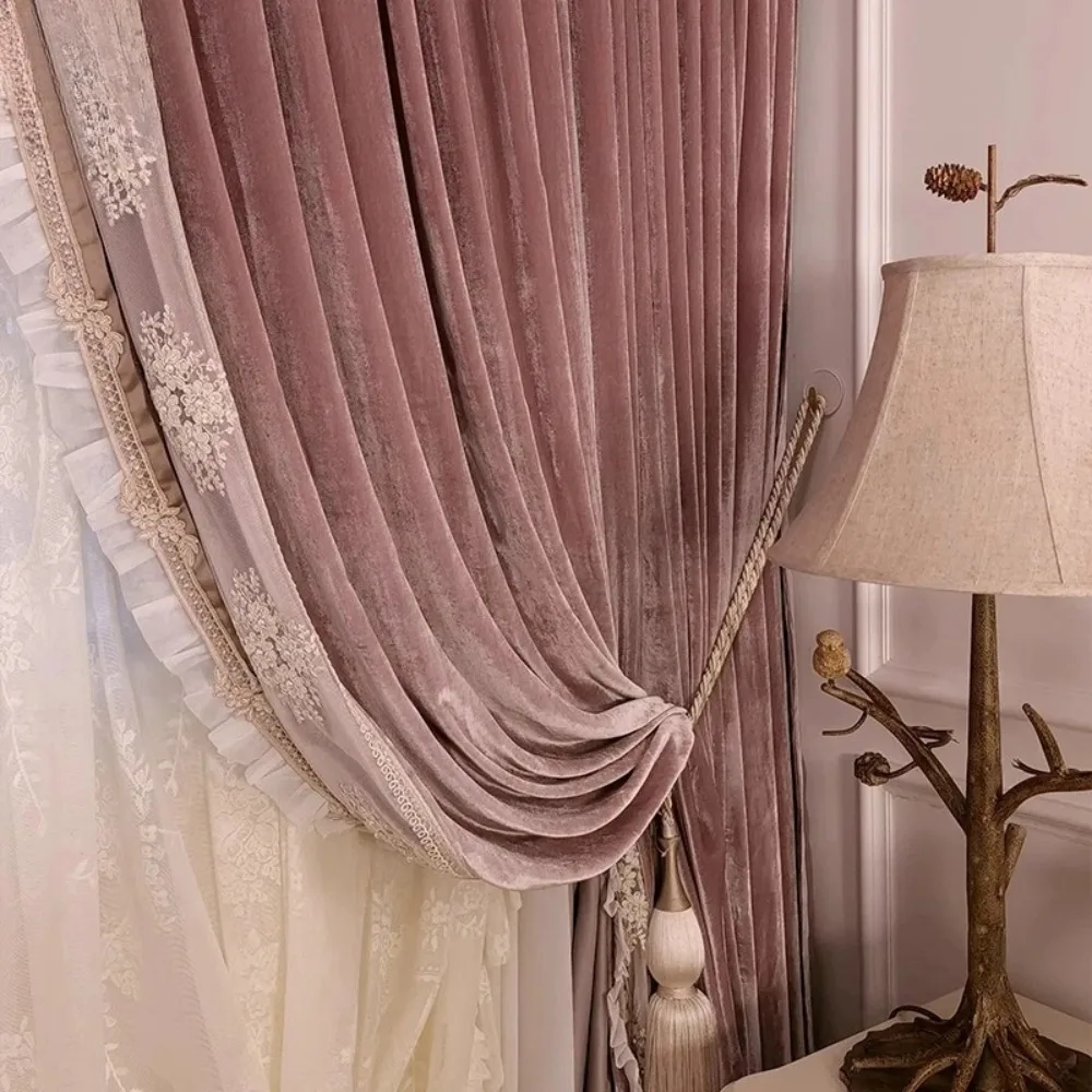 Luxury French Lavender Purple Imported Silk Velvet Curtains for Bedroom Living Room Villa Vintage Embroidered Blackout Drapes