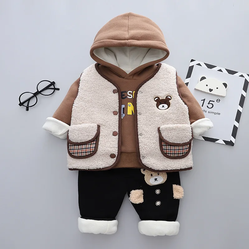 Girls clothes spring and autumn baby suit cartoon bear long-sleeved sweatshirt boys and girls plaid vest pullover 3Pcs