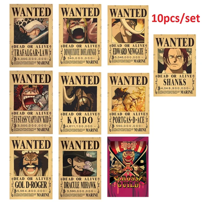 10Pcs One Piece Action Figure Bounty Poster Craft Print Wall Stickers Vintage Movie Playbill Luffy Stickers One Piece Wall Paper