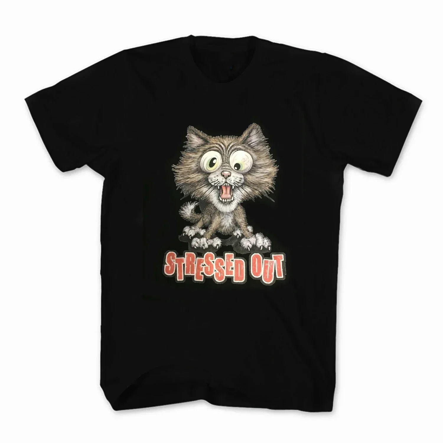 

Stressed Out Cartoon Cat Graphic Print Cotton Men's Short Sleeve T-Shirt Crew Neck Casual Trip Tee