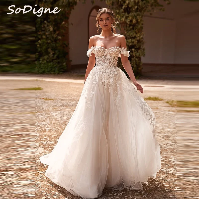 

SoDigne A-line Lace Appliques Wedding Dresses Sweetheart Off Shoulder Bridal Dress Long Wedding Gown Robe De Mairee ﻿Customized