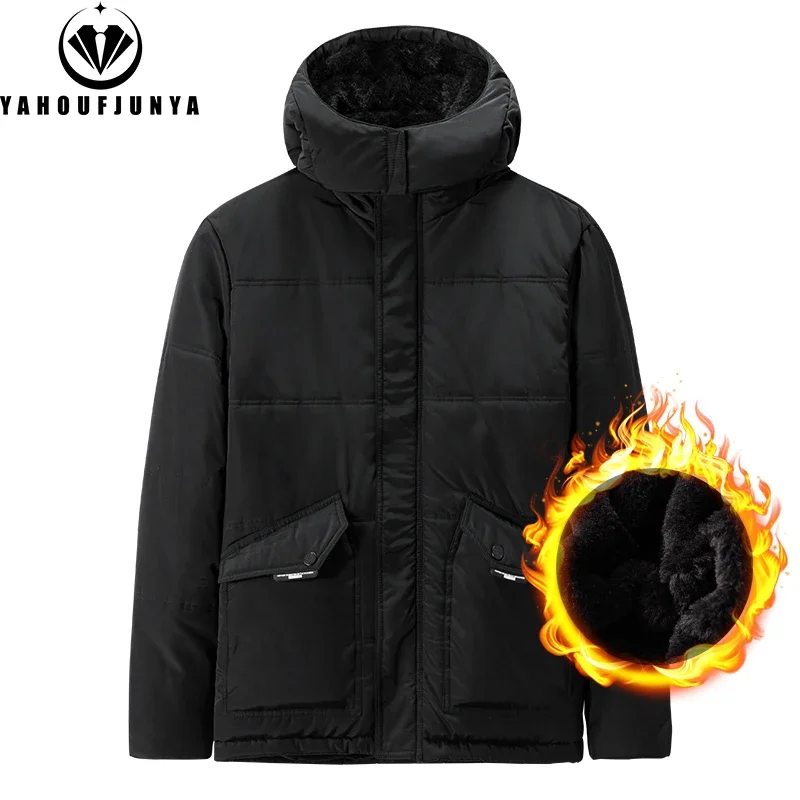 

2024 Winter Men Outdoor Windproof Warm Solid Hooded Parka Jacket Men Waterproof Fleece Zipper Casual Fashion Jacket Male Coat