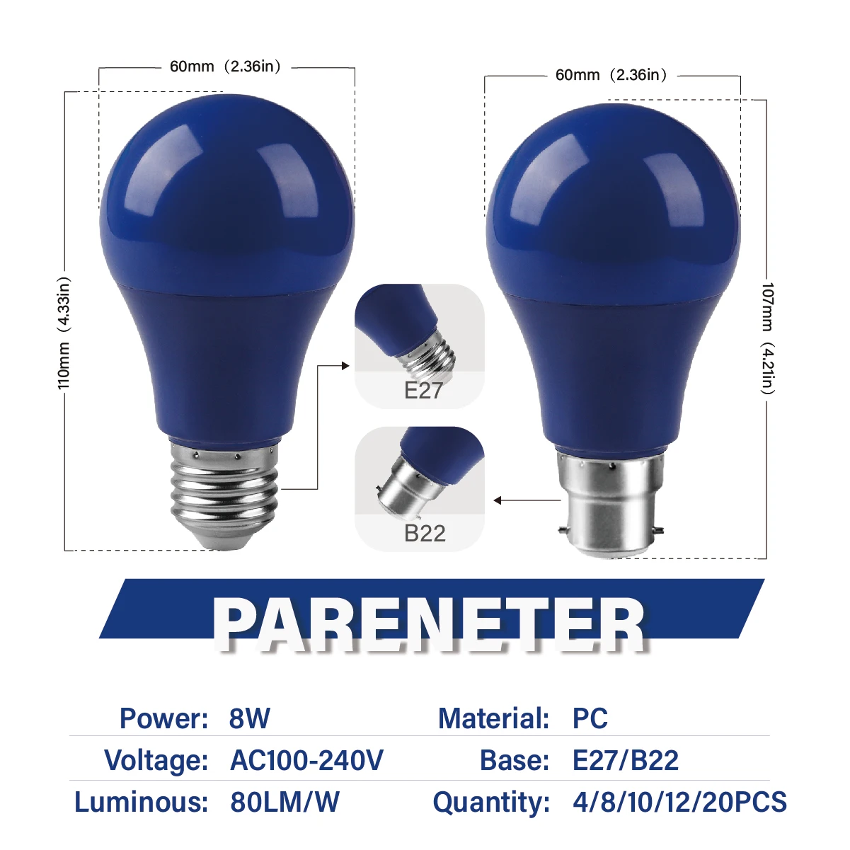 E27 B22 Blue Color Decor LED Light Bulbs 8W 640LM AC100-240V Lamps for Wedding Bedroom Garden Courtyard Party Stage Decoration