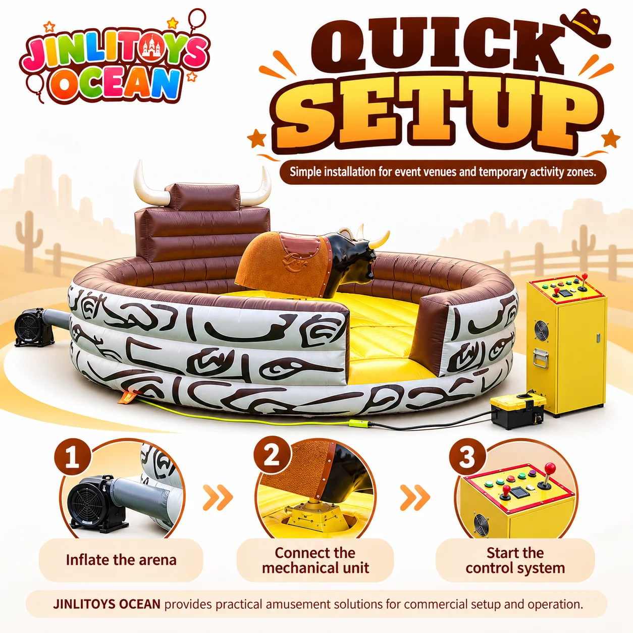 Mechanical Bull Ride with Inflatable Enclosure – Eye-Catching Interactive Attraction for Real Estate Launches