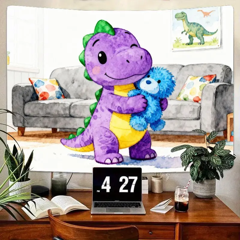 

1PC Kawaii Purple Dinosaur Hugging Blue Teddy Bear Tapestry, Cute Dino Wall Art for Kids Bedroom Nursery Decor Gift.