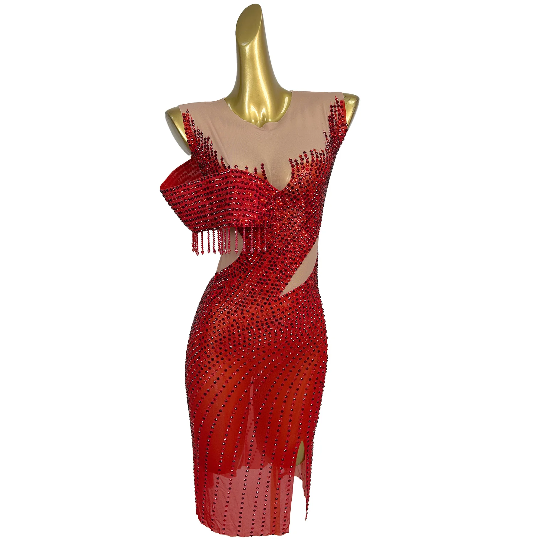 

Nightclub Party Luxury See Through Mesh Red Mini Dresses Cocktail Prom Sparkly Rhinestone Sexy Evening Dress Show Outfit Lvye