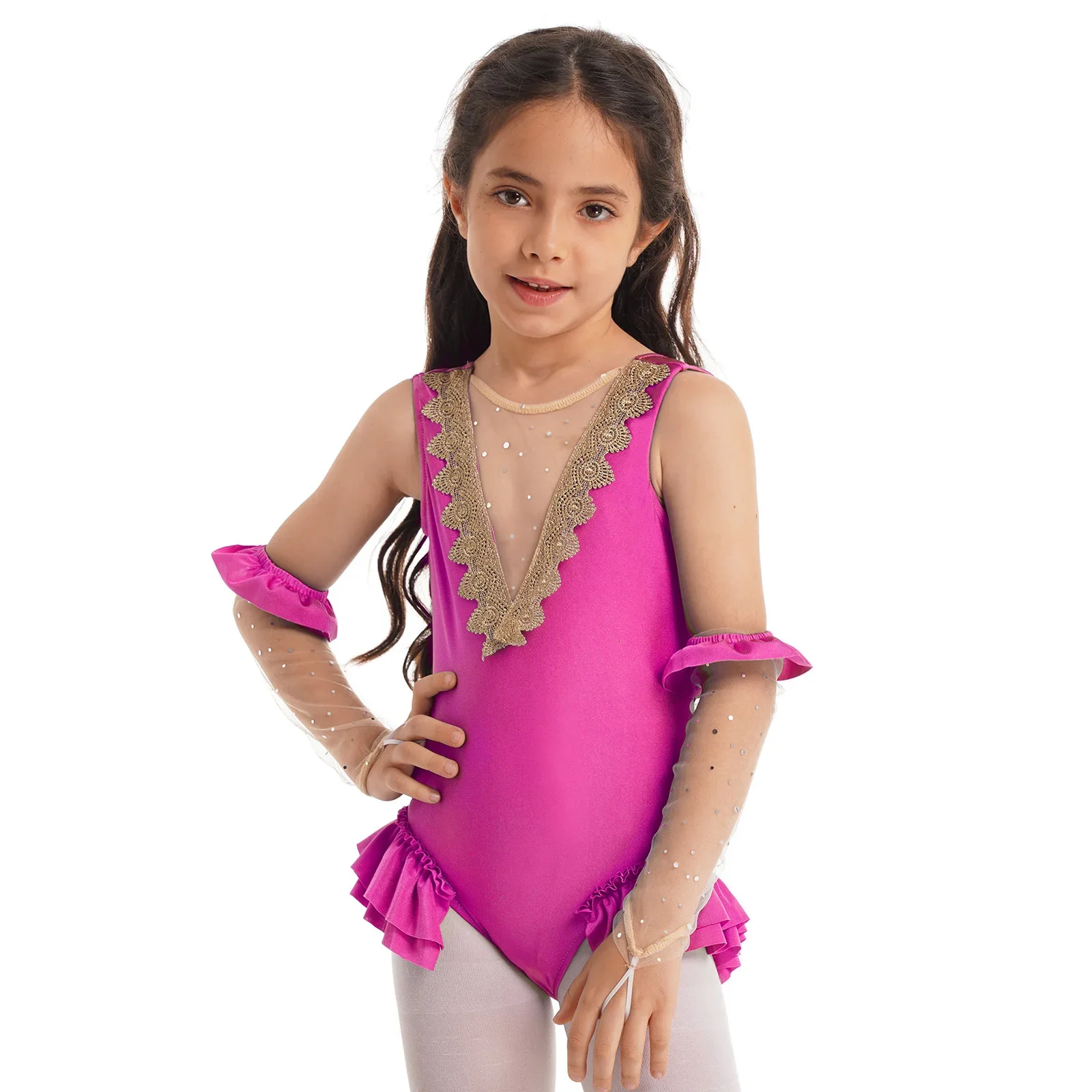 Girls Acrobat Circus Show Costume Ruffles Tank Leotard with Gloves Kids Halloween Cosplay Party Ballet Dance Gymnastics Outfits