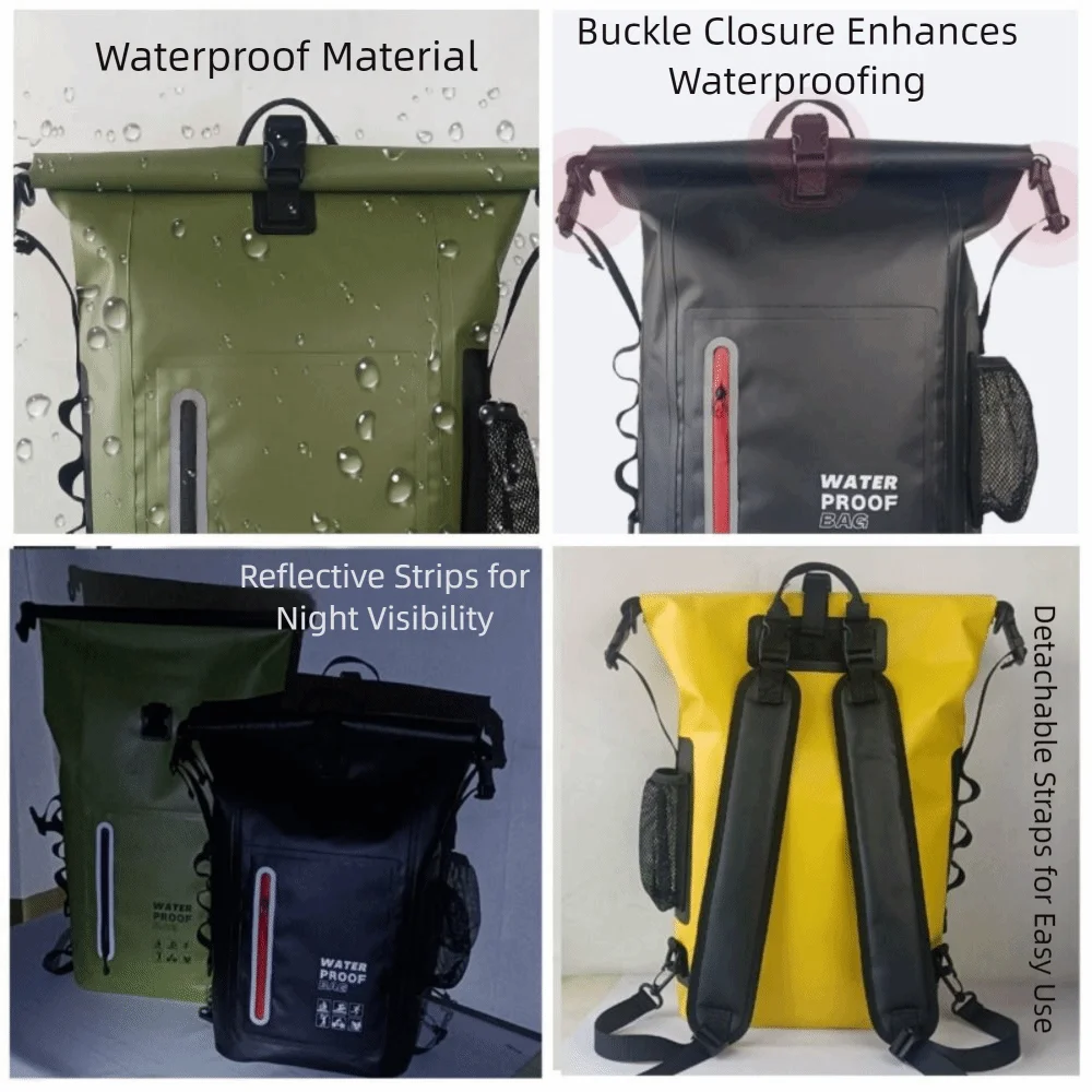 Durable 25 L Outdoor Waterproof Backpack PVC Reflective Strips Travel Bag Large Capacity Scratch Resistant Hiking Bags Sports