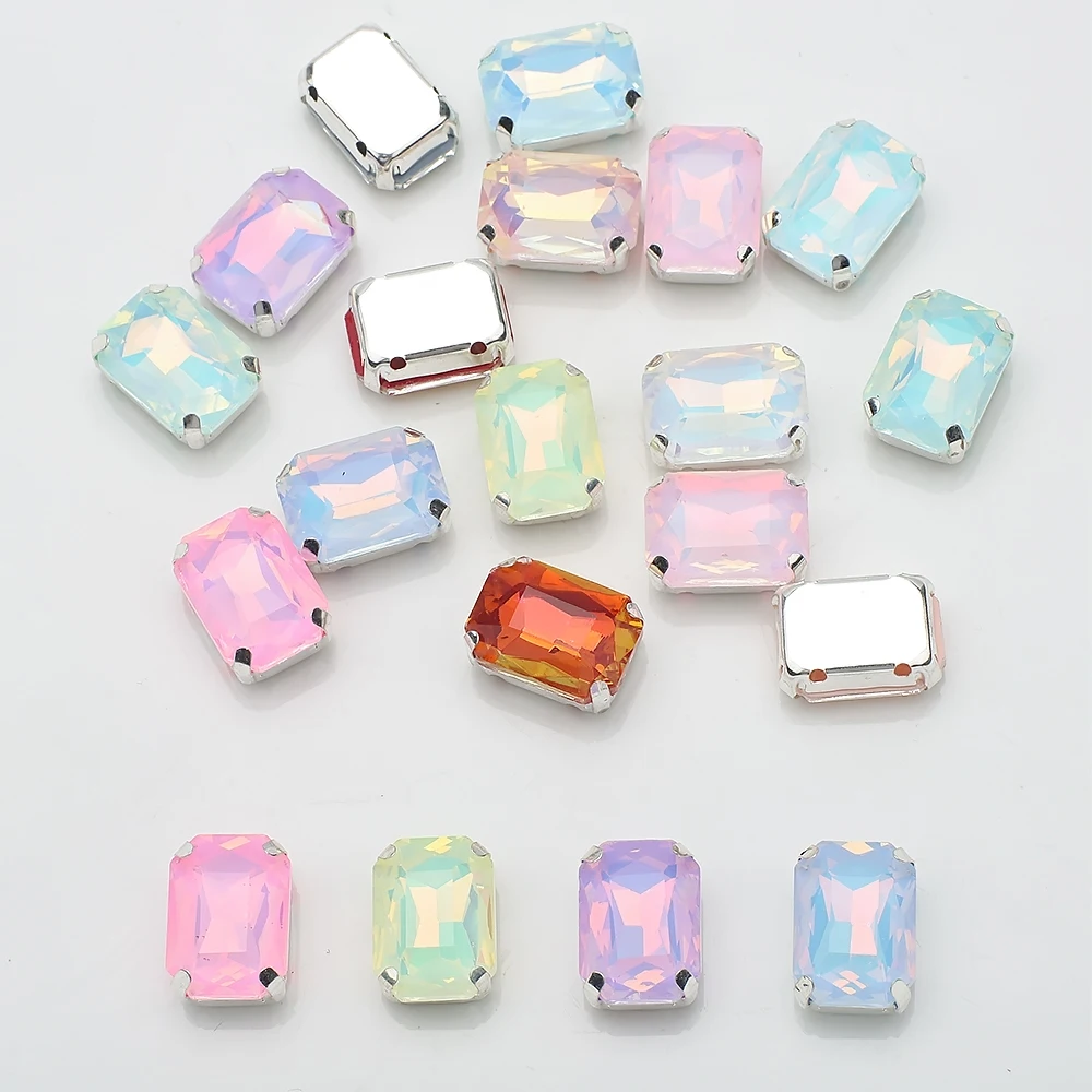 10 Pcs 10x14mm Sew On Rhinestone Rectangle Sliver Claw Settings Mocha Opal Claw Flatback Sewing Diy Craft Accessories With Hole