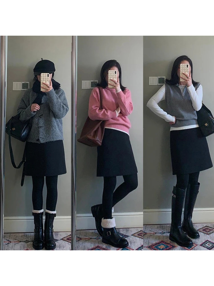 

Классическая женская шерстяная юбка миди А-силуэта в корейском стиле, универсальная, со средней талией, приталенная, Зима 2025