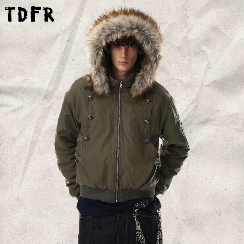 Rivets Hooded Padded Jacket Mens Winter Detachable Fur Collar Casual Long Sleeve Outerwear Man