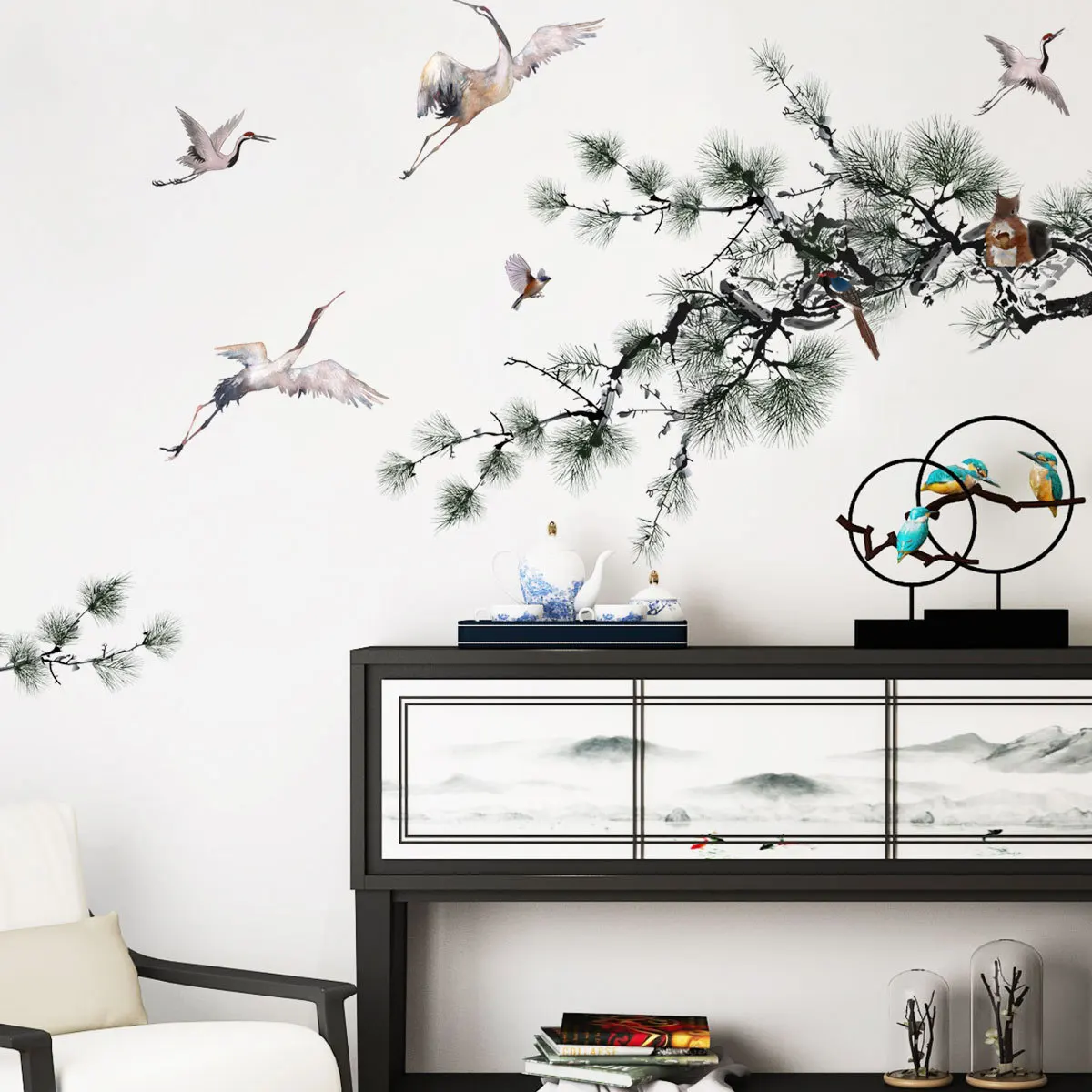 Chinese Style Pine Tree Branches Crane Wall Sticker Living Room Bedroom Home Decor Self-adhesive Wallpaper Art Poster Decoration