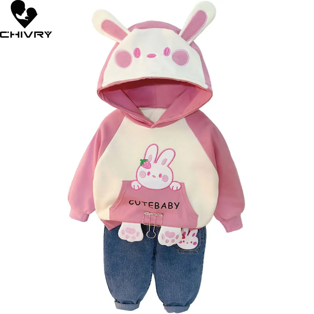 New 2023 Kids Baby Spring Autumn Cute Cartoon Animal Hooded Sweatshirt Tops with Denim Pants Boys Girls Fashion Clothing Sets