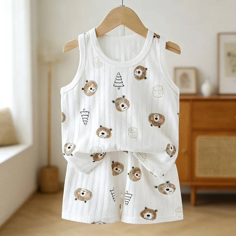 Kids Summer New 2-Piece Set Boys Girls Cute Cartoon Print Sleeveless Tops Shorts 1-5 Years Old Children Clothes Suit Baby Vest
