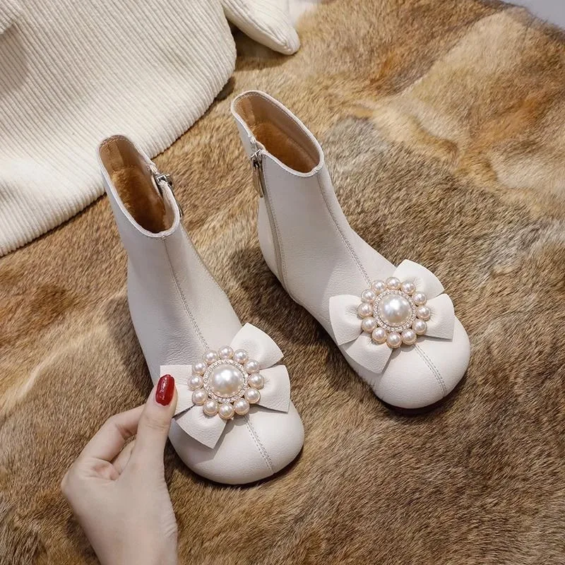 Little Girls Beaded Bow Leather Boots 2026 New Winter Kids Thermal Ankle Boots Non-slip Classic Princess Party Wedding Dress Up