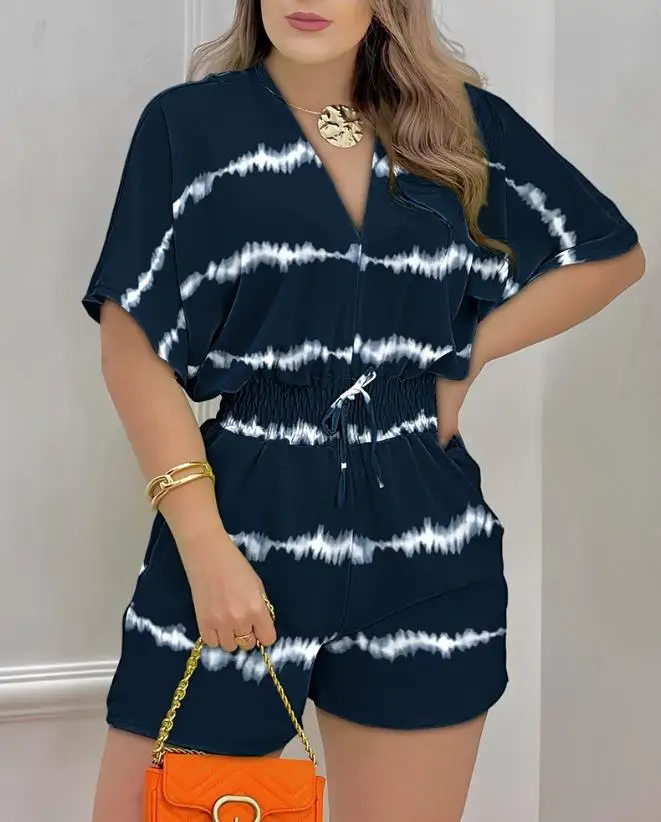 

Jumpsuit Women 2023 Summer Fashion Tie Dye Print Batwing Sleeve Shirred Casual V-Neck Short Sleeve Daily Romper Y2K Streetwear