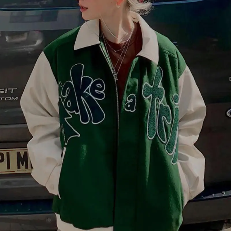 

Letters Panelled Casual Baseball Jacket Women Slim Mode Pockets Preppy Style Varisty Jacket Zip Up Button Harajuku Coat