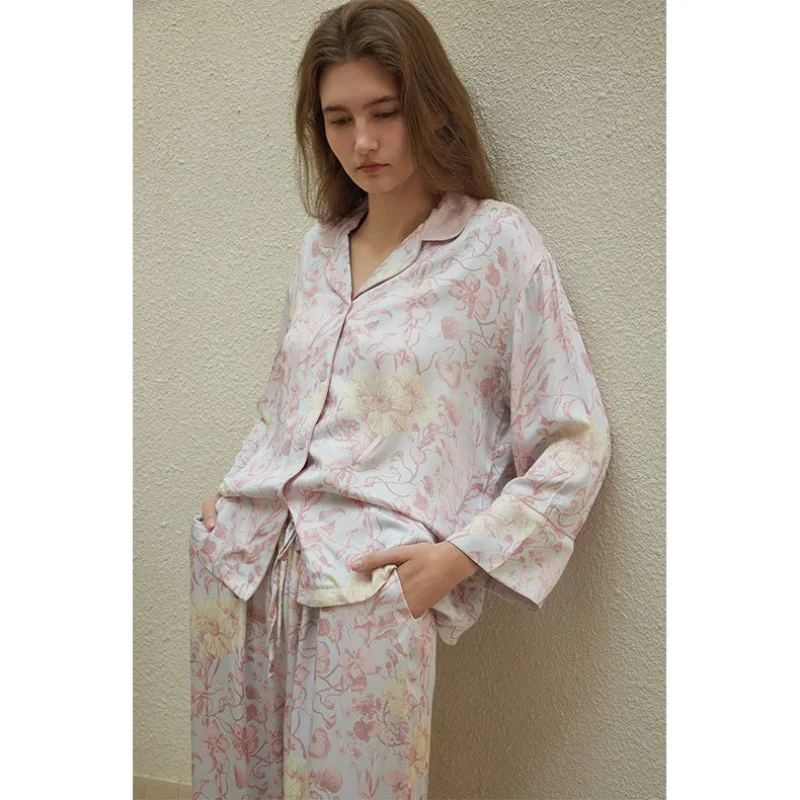 2024 Rayon Satin Blue Floral Print Lapel Pajamas Suit Luxury Long-sleeved Trousers Home Clothes Loose and Smooth 2 Piece Sets