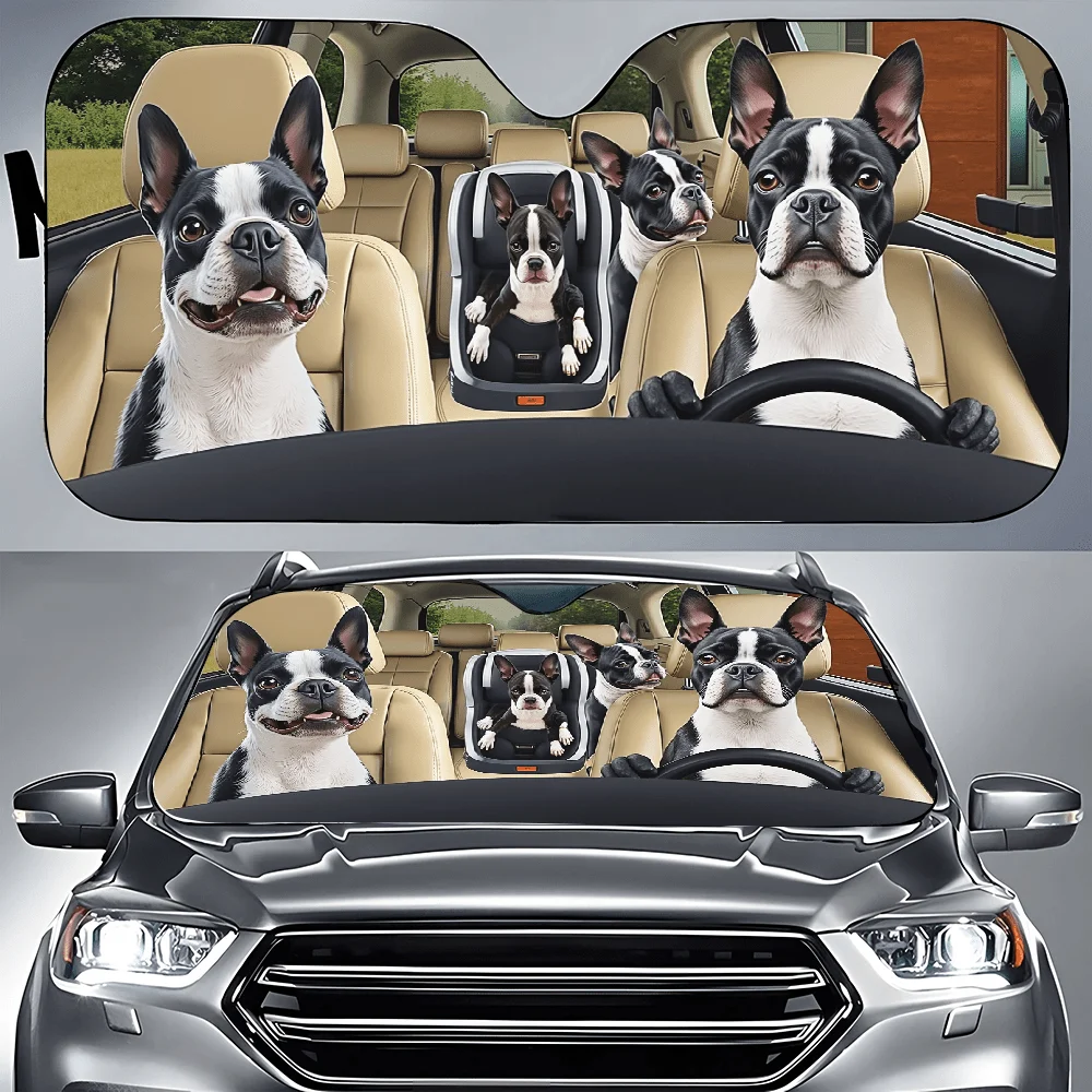 Group Of Boston Terriers In Car | Auto Sunshades, Front Window Sun Cover, Durable Polyamide Visor, Universally Applicable Car Gi